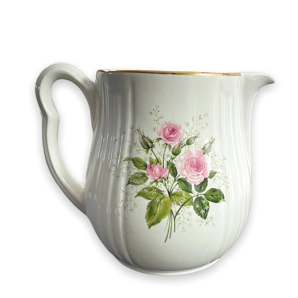 Vintage Hall's Kitchenware 6" Heather Rose Pitcher Gold Trim Mid Century Modern